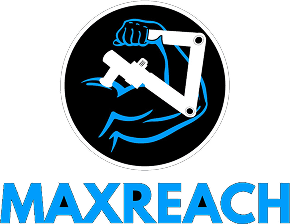 Logo of MaxReach featuring a stylized arm flexing a robotic arm inside a circle, with "MAXREACH" written below.