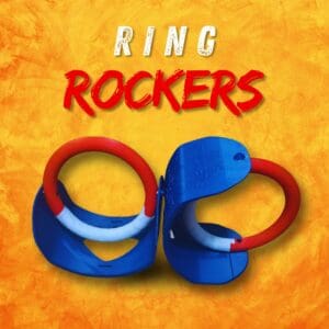 Red and blue ring rockers on orange.
