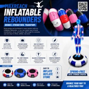 Inflatable rebounder trampolines advertisement with human skeleton