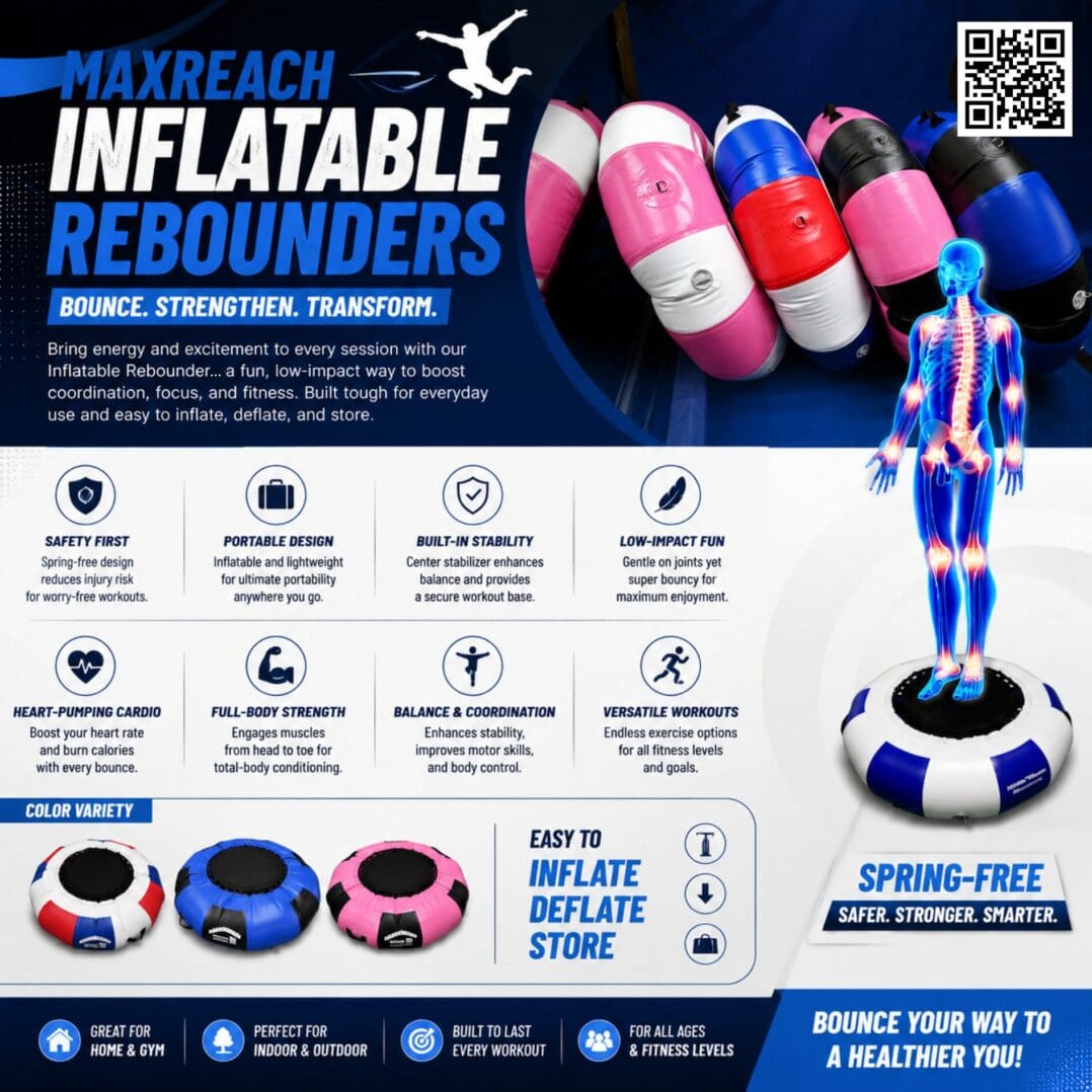 Inflatable rebounder trampolines advertisement with human skeleton