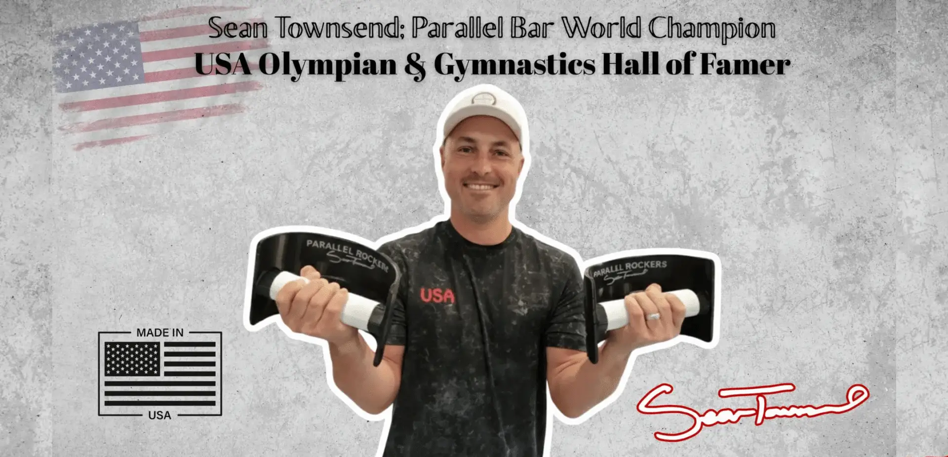 Man holding awards with USA flag background.