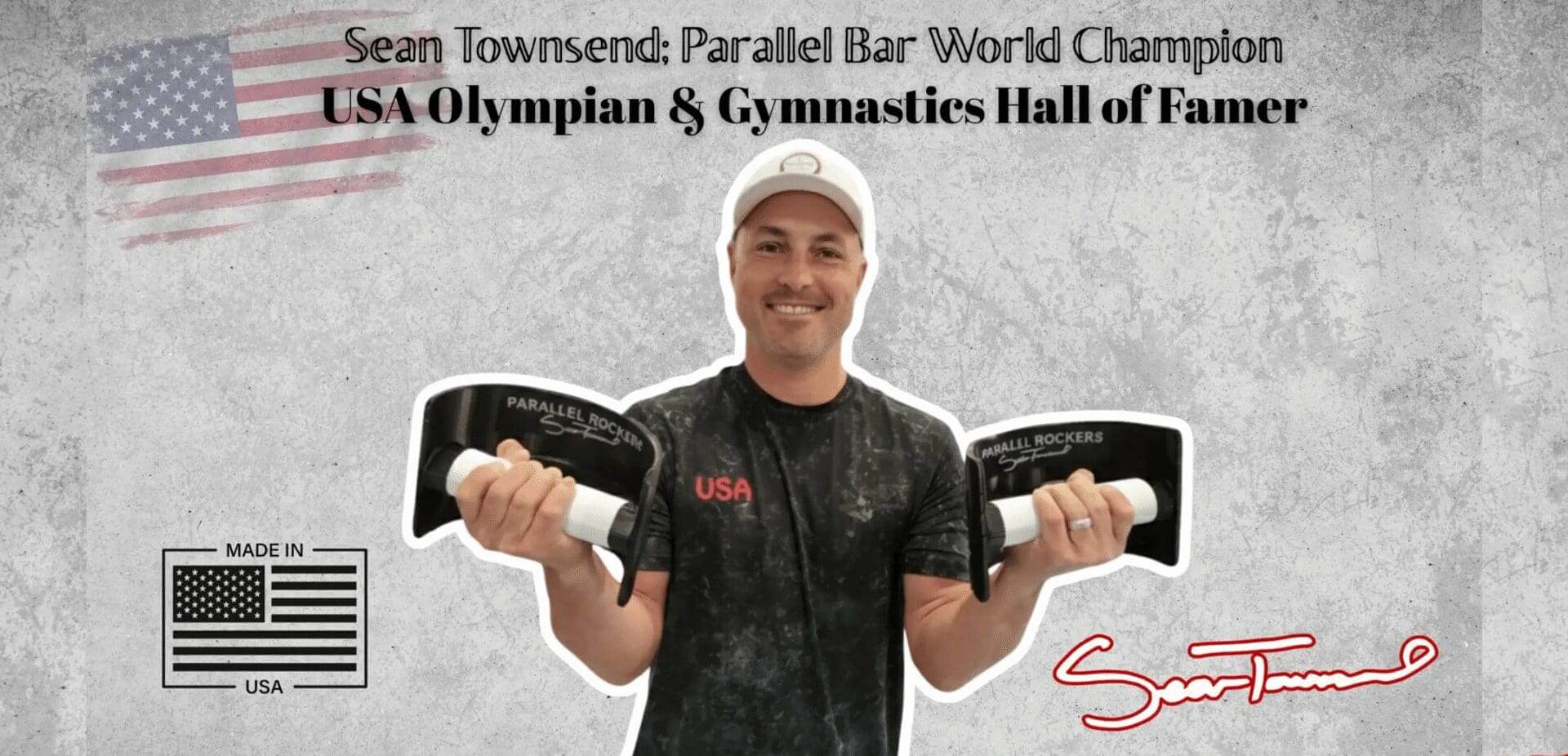 Man holding parallel bars awards, USA Olympian.