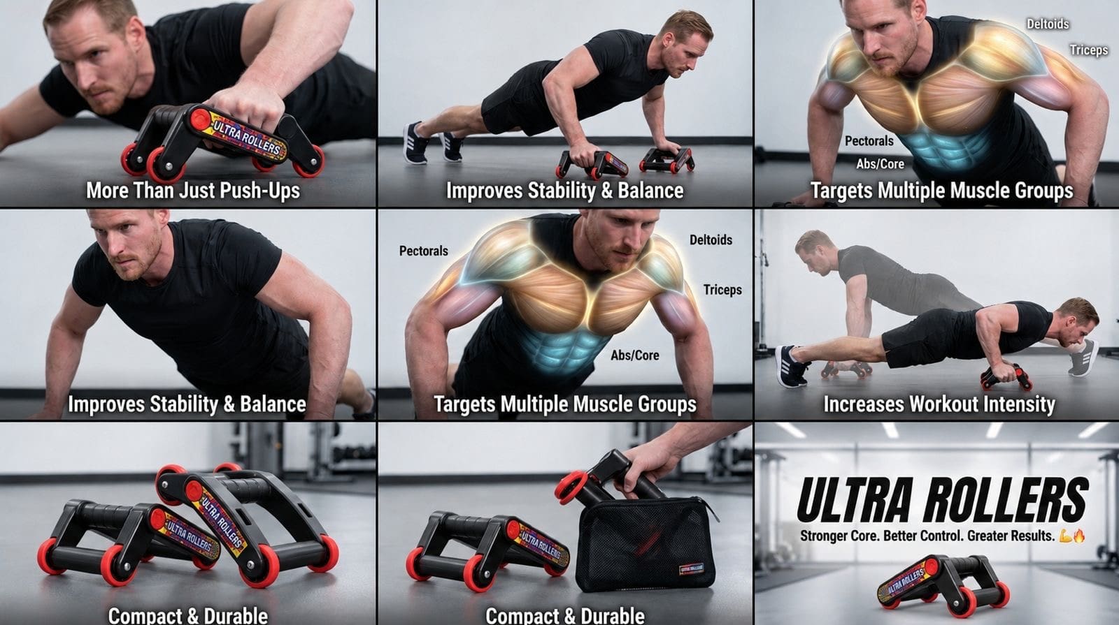 Collage of man using push-up roller handles