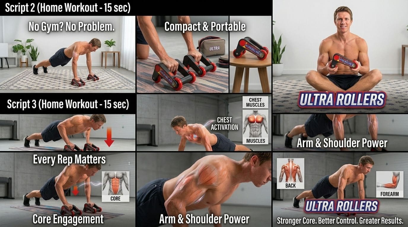 Shirtless man doing push-ups with portable rollers