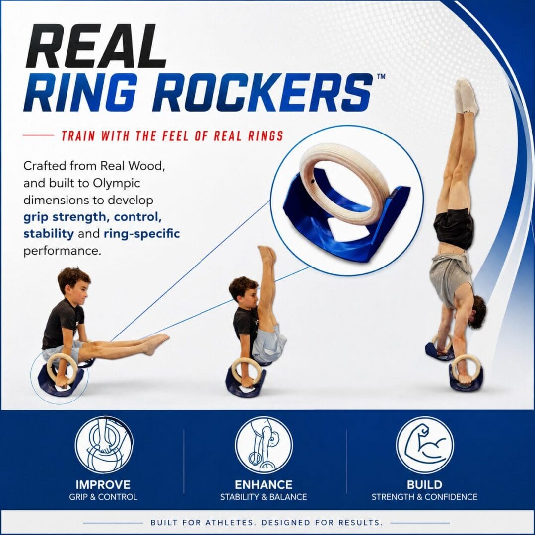 Athlete performing handstand on wooden ring rockers