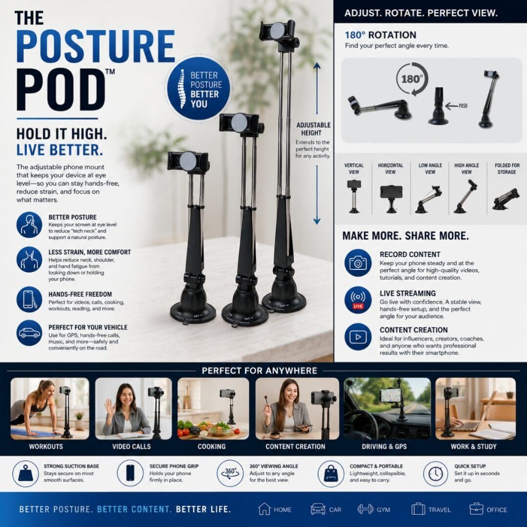 Three adjustable phone stands promoting better posture