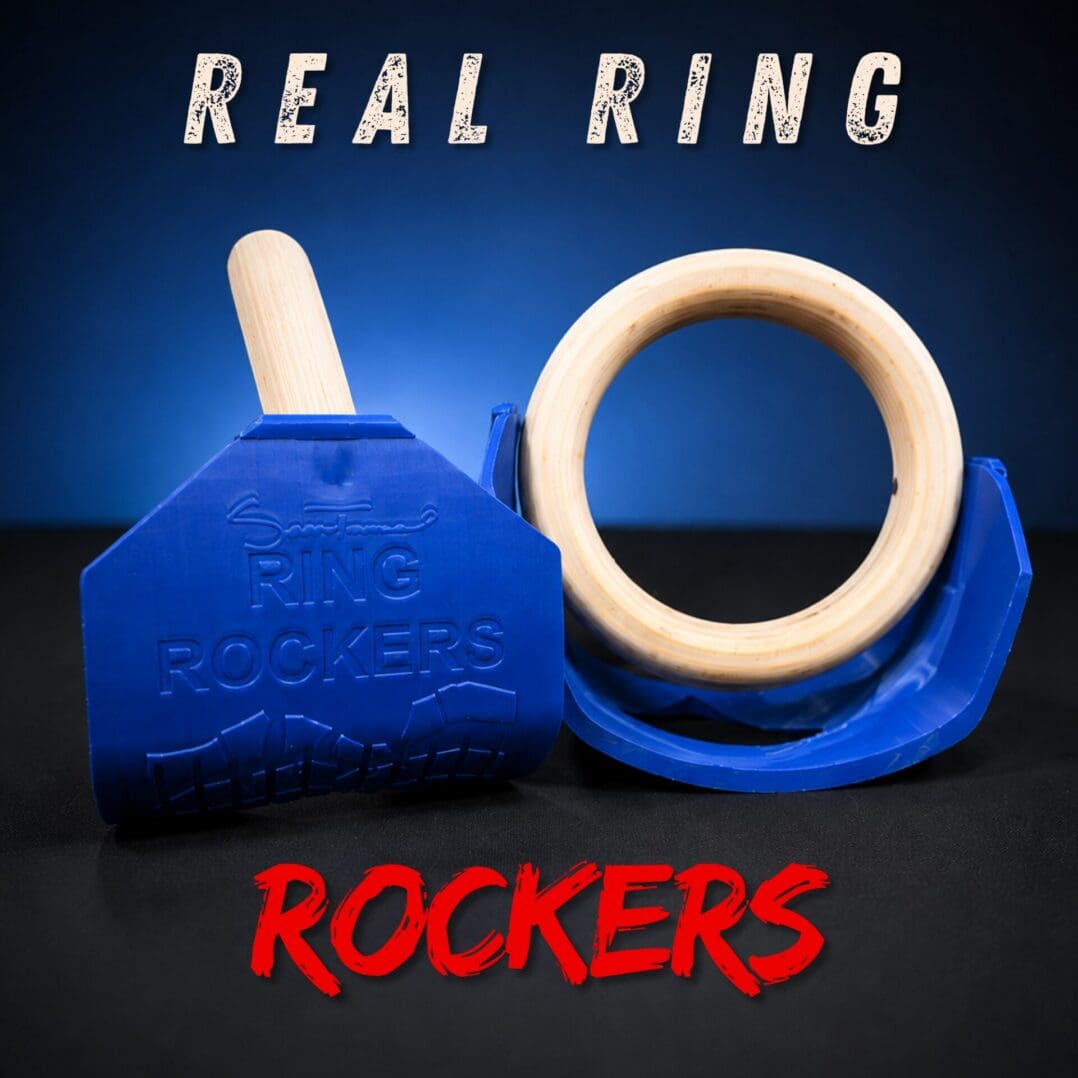 Wooden gymnastic ring with blue rockers